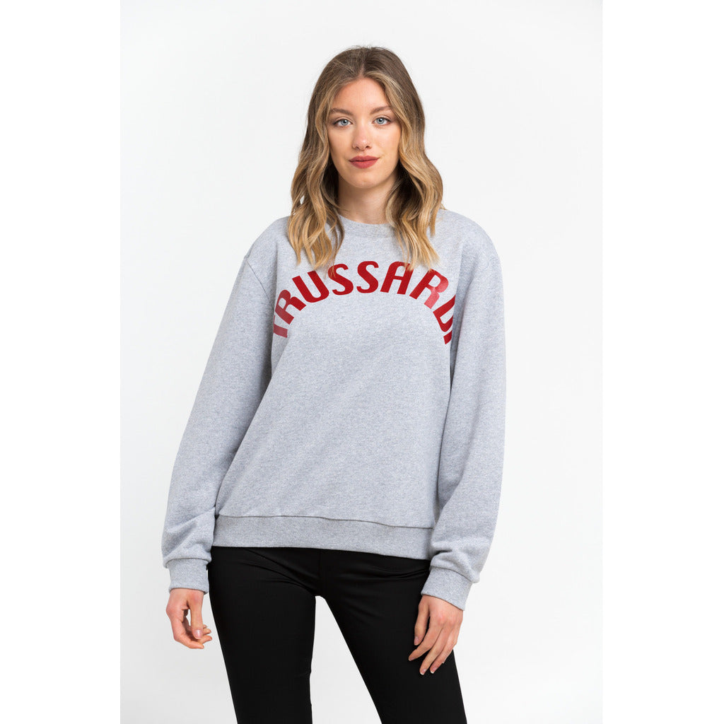 Trussardi grijze dames sweatshirt voorkant met rood Trussardi logo Made in Italy