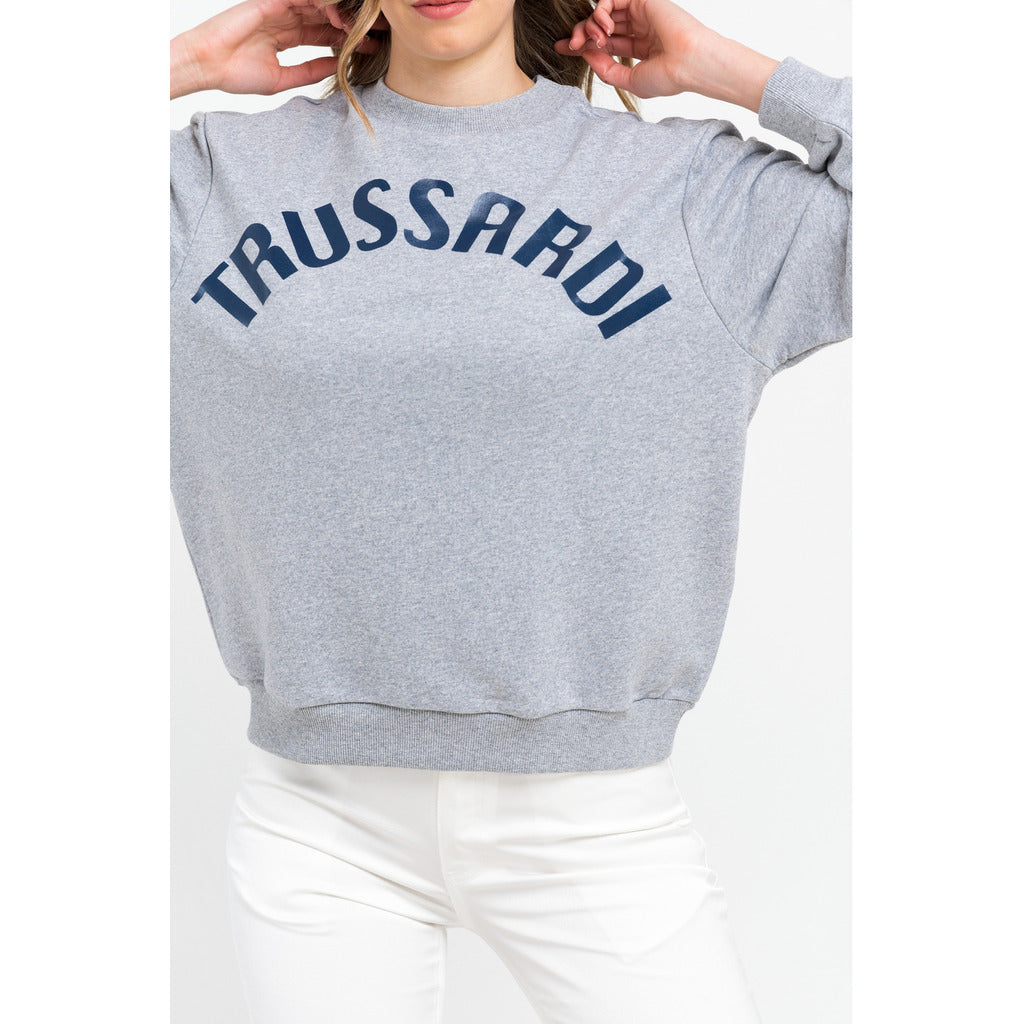 Trussardi grijze pull dames merknaam blauw bedrukt detail