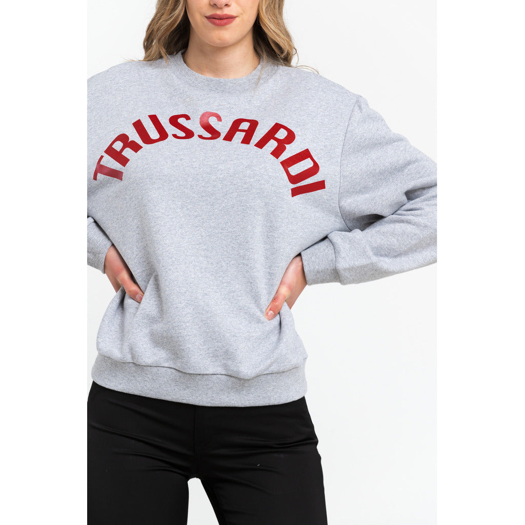 Trussardi grijze pull dames merknaam rood bedrukt detail